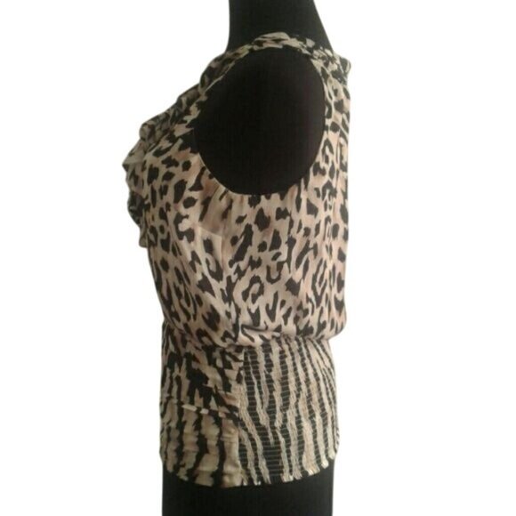 WHBM XS Blouse Leopard Print Sleeveless Ruffled Neckline Smocked Tiered Waist - Picture 2 of 8